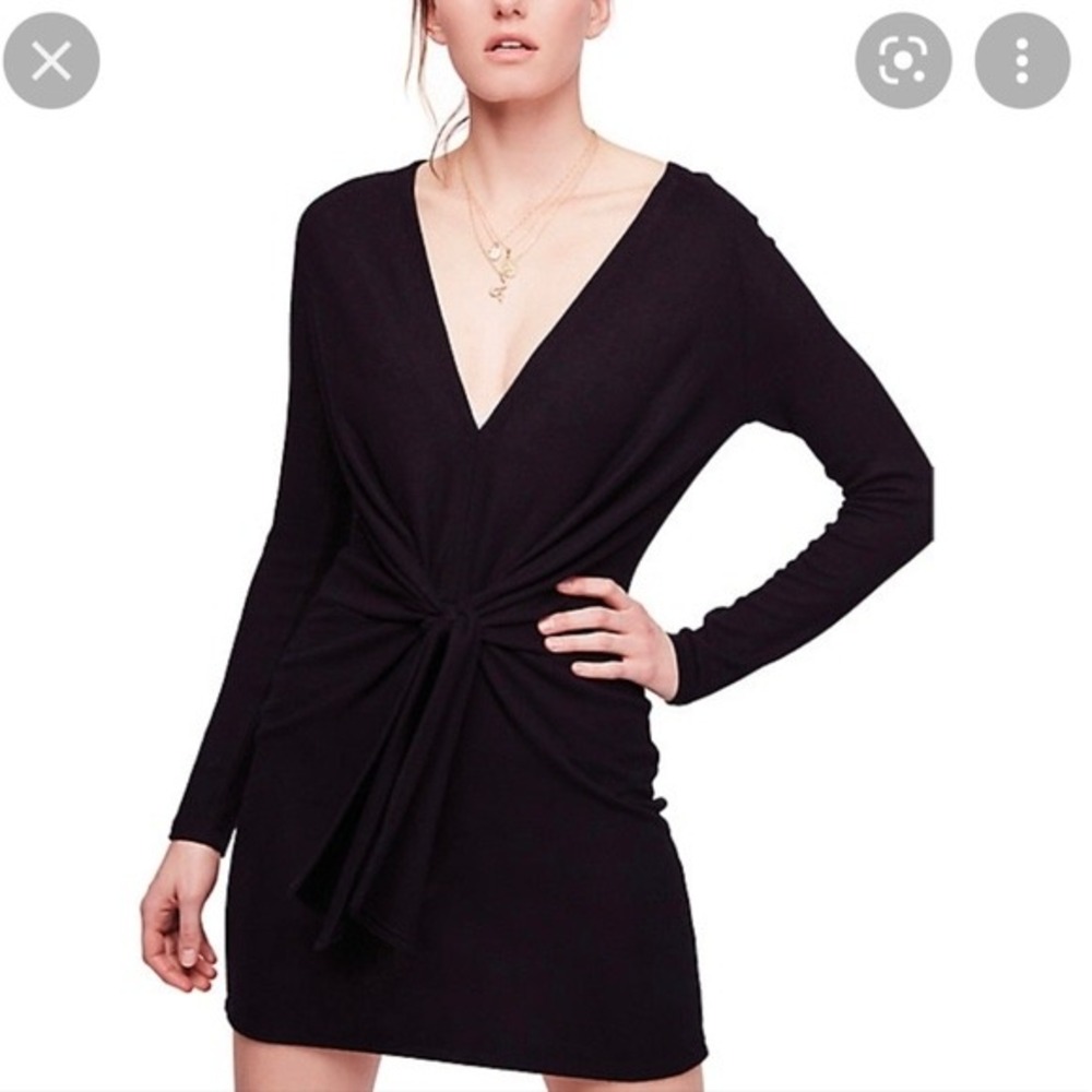 Free People Ginger Cozy Dress Women XS Black Tie Front V-Neck LBD Boho Classic